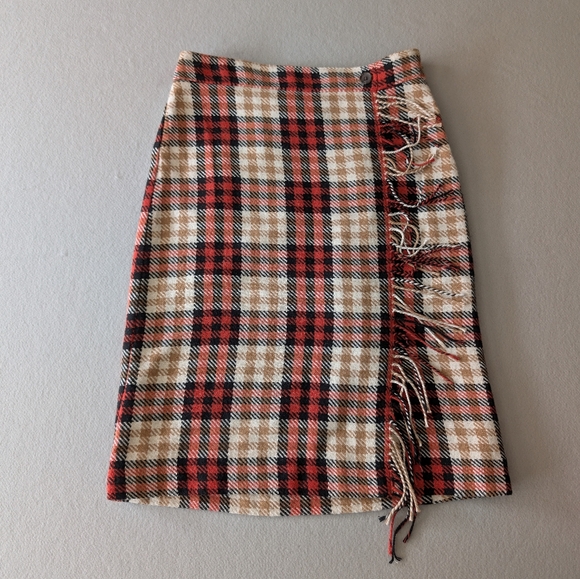 Talbots Dresses & Skirts - Talbots Wool Blend Faux Wrap Skirt Sz 6 Plaid Scottish Style Tartan Fringe